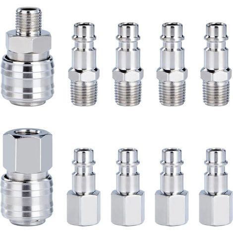 Raccord Rapide de Compresseur 1/4"BSP Coupleur Pneumatique d'air Kit Raccords de Tuyau Connecteur Homme Femme 10 Pièces (1/5)