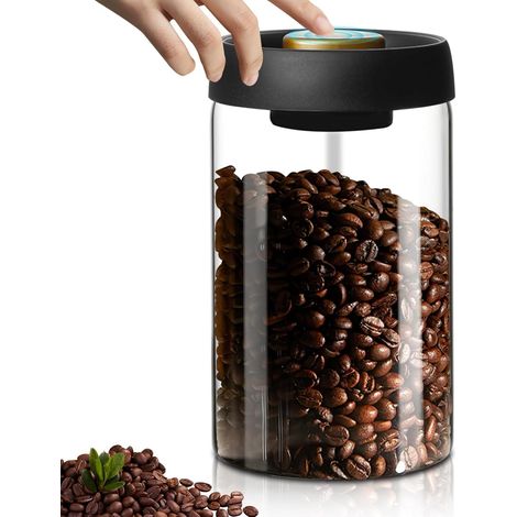Boîte à café avec couvercle sous vide : boîte en verre de 1200 ml avec couvercle noir, rangement durable, boîte à café sous vide, hermétique pour thé, noix, cacao, reste fraîche plus (1/5)