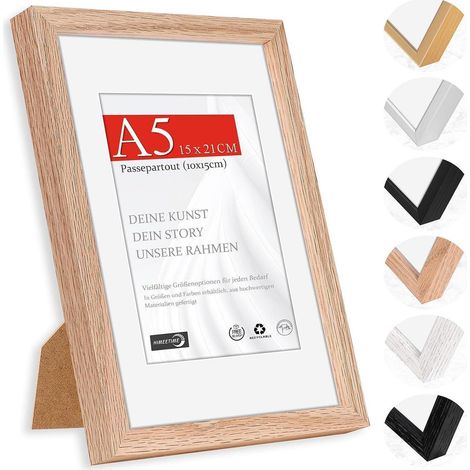 Bilderrahmen A5 (14,8x21cm) Naturholz Eiche mit Passepartout (10x15cm) Tischaufsteller Wandmontage (1/5)
