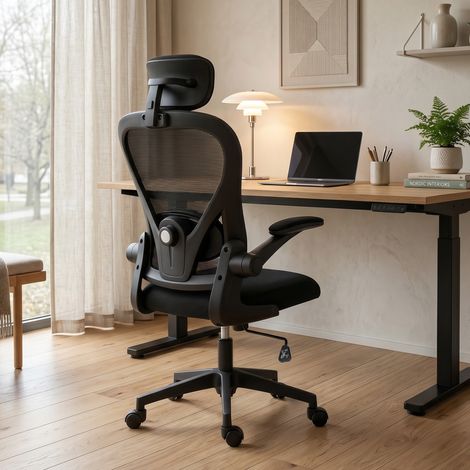 Chaise de Bureau Ergonomique, Fauteuil Maille, Appui-Tête et Soutien Lombaire Réglables, Noir (1/5)