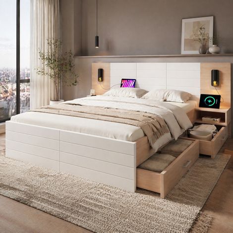 Lit avec tiroirs 180x200, lampe USB, bois blanc HAVRYA (1/5)