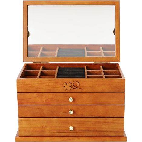 Schmuckkasten Holz Groß Schmuckkästchen 4 Etagen Schmuckschatulle mit Spiegel Vintage Braun Schmuckbox Geschenk für Mutter Freundin Damen, 31 x 19.3 x 19.7cm