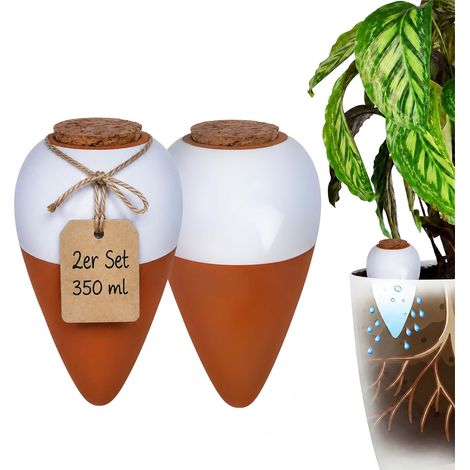 Relaxdays Tonkegel Bewässerung, 2er Set, 350 ml, Gießhelfer mit Deckel, Zimmerpflanzen & Balkonkästen, terrakotta/weiß (1/5)