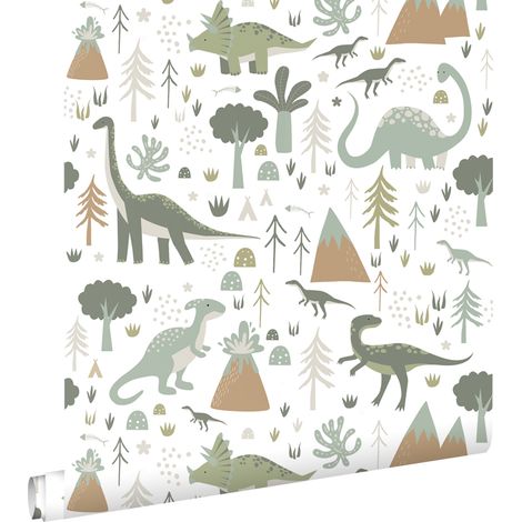 papier peint dinosaures vintage bleu et vert - ESTAhome (1/5)