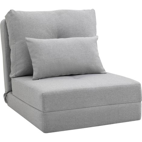 Poltrona Letto 3 in 1 Convertibile in Chaise Longue e Divano da Terra con 2 Cuscini in Tessuto Effetto Lino Grigio Chiaro
