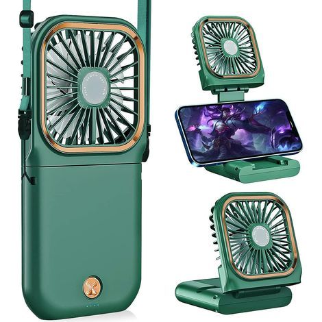 Ventilateur Cou Portable - Personnel - Silencieux pliable rechargeable USB support téléphone - Maison bureau voyage extérieur - Vert (1/5)