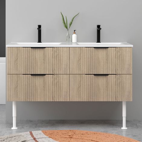 Meuble de salle de bain suspendu Strié 120cm avec pieds + poignées + double vasque + 4 tiroirs, Chêne