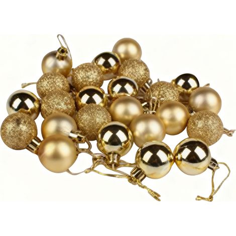 24 bruchsichere, 3 cm große Christbaumkugeln, ideal für Partys, Hochzeiten und andere Feierlichkeiten. Mattes und glitzerndes Goldfinish. (1/3)