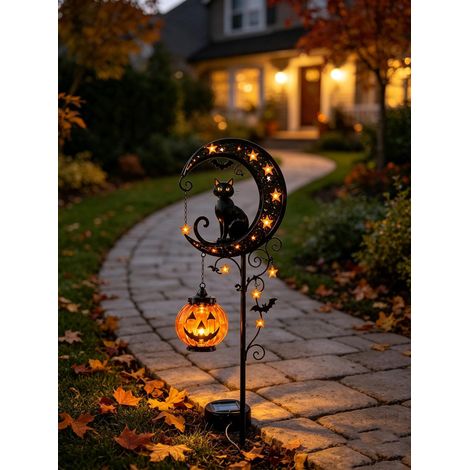 Décoration de jardin pour Halloween – Lampe solaire d'extérieur en forme de citrouille avec chat noir et lune (1/5)