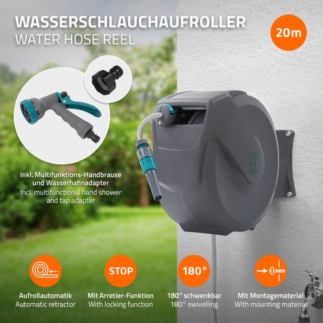 ECD Germany Schlauchaufroller 20m+2m, Schlauchtrommel, Wand-Schlauchbox RollUp mit Arretierstop und 9 Sprühfunktionen, 180° Schwenkbar, Automatischer Wasser Gartenschlauch-Aufroller zur Wandmontage