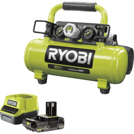 Confezione RYOBI Compressore per serbatoio R18AC-0 - 18V One Plus - 4L - 1 batteria 2.0Ah - 1 caricatore rapido RC18120-