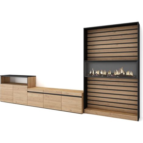 Skraut Home - Muebles de Salón para TV, Conjunto de muebles comedor, 360x186x35cm, Para TV hasta 65", Chimenea eléctrica, Estilo Moderno, Roble y negro (1/5)