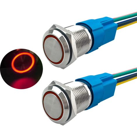 2 Pièces 16 mm Commutateur Bouton-Poussoir Momentané, 12V / 24V 5A Interrupteur à Bouton-Poussoir en Acier Inoxydable Étanche IP67, avec Prise Pré-Câblée (LED Rouge) (1/5)