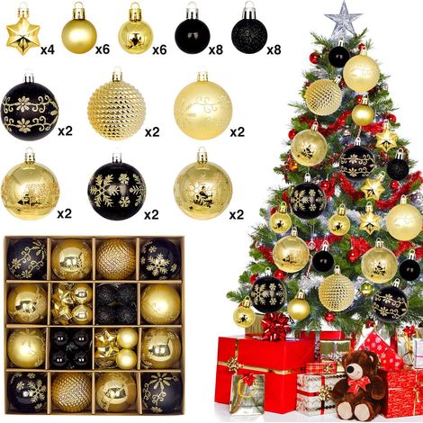 44PCS Boule de Noël en Plastique, Set de Boule de Noël Or & Noir, Décorations d'arbre et Extérieures Intérieures44 Pièces de 6 Cm, Doré et Noir (1/5)