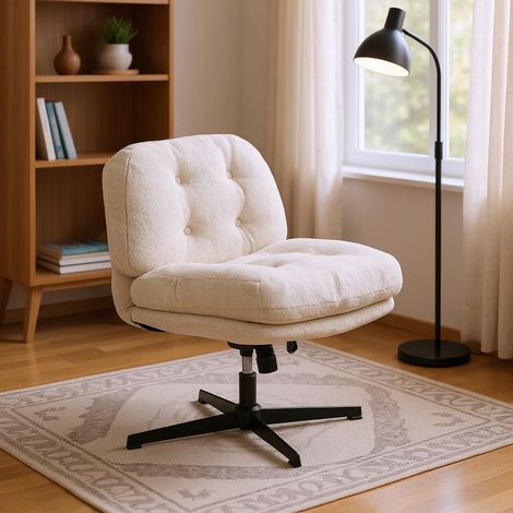 Meuble Cosy Fauteuil Salon Chaise Pivotant 360° Fonction d'inclinaison Hauteur Réglable Jambes Croisées sans Accoudoirs roulettes en Bouclette Blanc (1/5)