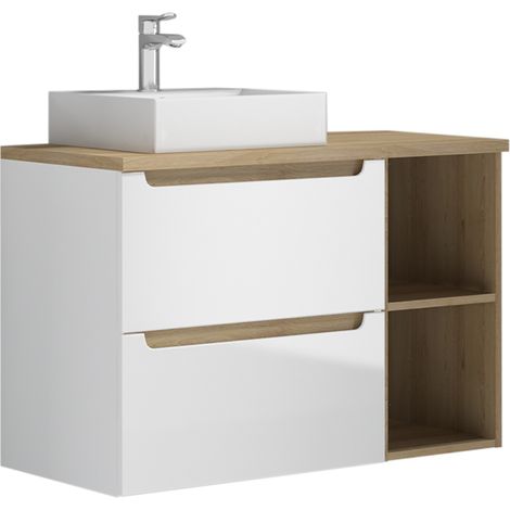 Mueble lavabo individual 90cm 2 compartimientos Livia Blanco y Madera