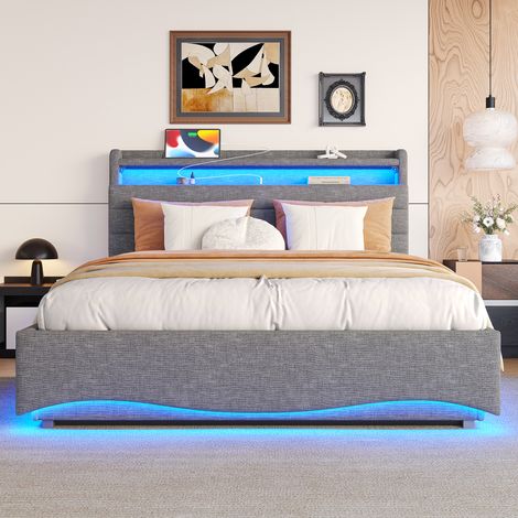 Lit 140x200cm - Rangement Hydraulique - Tissu Lin Gris - LED Connectée APP - Ports USB et Type-C - Étagères Intégrées - Capacité 226kg (1/5)