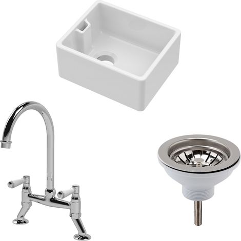 Fireclay Kitchen Bundle - Compact 460mm Single Bowl Belfast Sink + Strainer Waste & Bridge Kitchen Mixer Tap - Chrome by Balterley