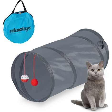 Relaxdays Foldable Cat Tunnel, WxD: approx. 48 x 26 cm, Tube with Toy & Travel Bag, Interactive Play Accessory, Grey