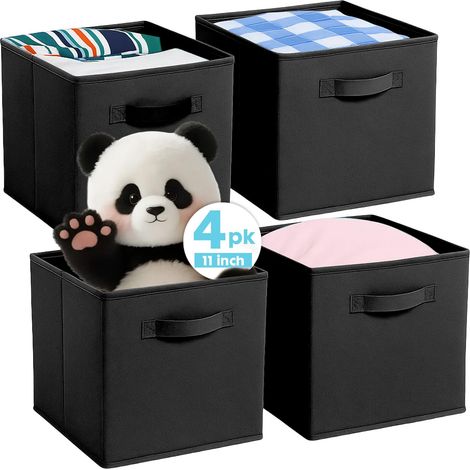 Lot de 4 Cubes de Rangement Pliables en Tissu avec Poignées - Boîtes de Rangement pour Maison, Chambre Enfant, Placard et Organisation Jouets - Noir (26,7 x 26,7 x 27,9 cm)