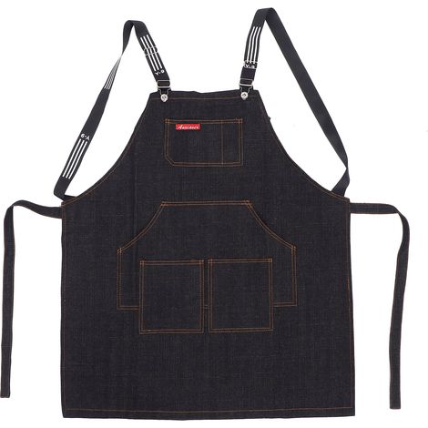 Tablier de coiffure réglable en toile denim lavable pour homme/femme, noir, idéal pour salon, manucure, travail. (1/5)