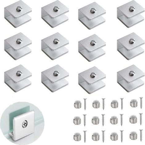 Ensemble de 12 pinces à verre, support de cloison en verre réglable, support d'étagère murale en verre de 6 à 8 mm, supports d'étagère en aluminium, pour salle de bain, balcon (avec vis) (1/5)