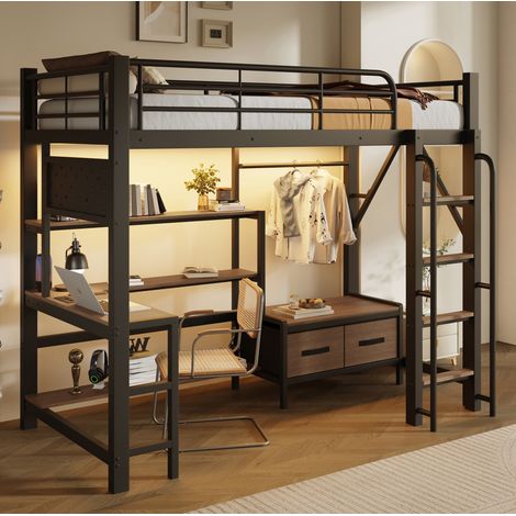 Letto a soppalco 204x108x170.5 cm, con scrivania integrata, luci LED, sbarre di sicurezza, metallo e MDF, nero (1/5)