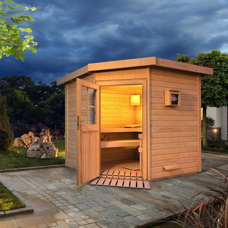 Sauna d'angle extérieur 5-6 places Karibu Mikka 231x196cm bois 38mm (1/5)