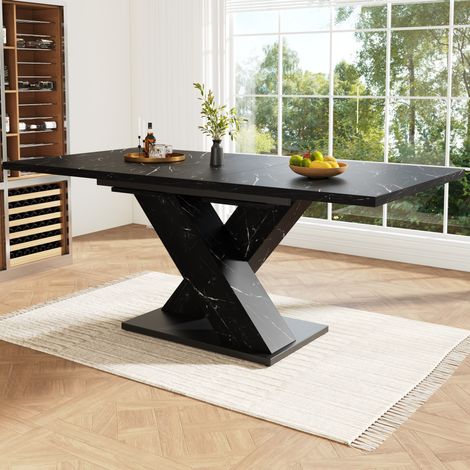 Table à manger extensible 119/158,5 x 80 x 75 cm noire effet marbre avec pieds en X (1/5)