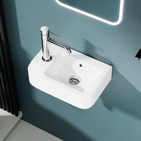 DILECI - Vasque lave-mains murale sortie gauche compacte en céramique blanche (3724,5cm) BRUNO (1/5)
