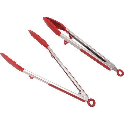 Lot de 2 Pinces de Cuisine 30 cm Embout Silicone Inox Longue Pince de Service avec Verrou pour Barbecue Gril Rouge (1/5)