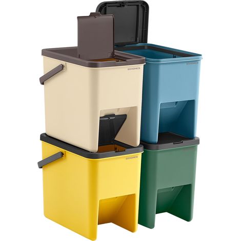 Poubelles de Tri pour la Cuisine, Lot de 4, Empilables, 20L, Recyclage, Couvercles à Ouverture par Pression, Autocollants, Coffre de Rangement, Jaune, Bleu, Beige et Vert LTB760Q01 (1/5)