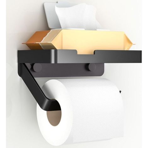 Toilet Paper Holder with Shelf, Wall Mounted Toilet Paper Holder, 3 Installation Methods [No Drilling, Self-Adhesive, Screwing], Bathroom and Kitchen Accessory, Matte Black (1/5)