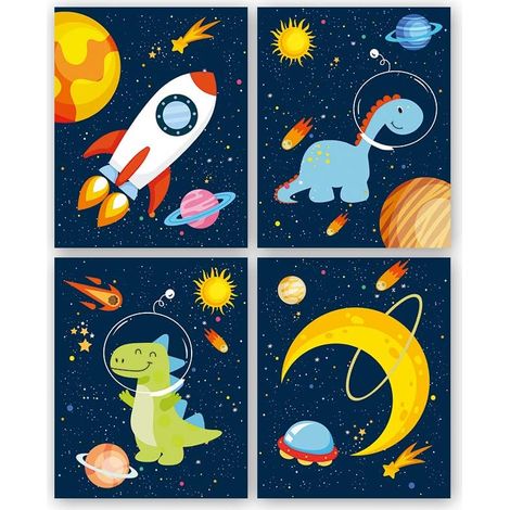 Lot de 4 Poster Pour Chambre D'Enfant/Bébé,Affiche de Planète Fusée,Affiches Espace Enfants,Impression D'art Mural Dinosaures,Tableaux Décoratifs Pour Garçon Chambre,Sans Cadre,2025cm (1/5)