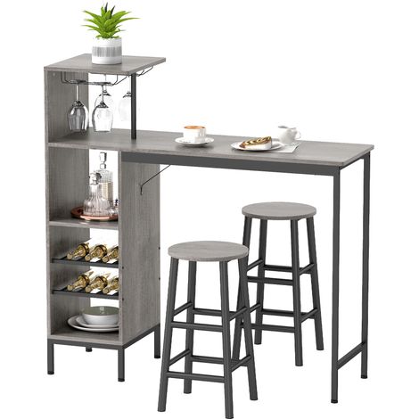 Ensemble table de bar avec tabourets, table à manger debout avec 2 chaises de bar étagères, casiers à vin, bois naturel