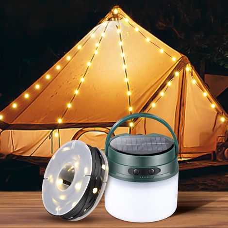 Lanterne de camping solaire avec guirlande lumineuse, bande lumineuse de 10 m, facile à ranger, lanterne rechargeable de 3 600 mAh avec 3 modes (1/5)