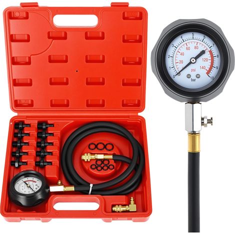 Manomètre d'huile, testeur de pression d'huile pour cylindre moteur 140 PSI / 10 bar avec 10 adaptateurs, idéal pour voitures, motos et tracteurs (1/5)