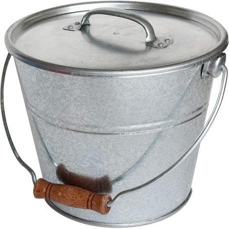 Seau avec Couvercle 5 L Acier Galvanisé Résistant Multi-Usages Compost Cendres Pellets Jardin Anse avec Poignée Bois Esthétique Durable Seau Métal Vintage 080650