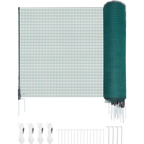 Mophorn Valla para pollos y perros, 1,2 m x 25 m, malla de protección ideal para jardines y huertos, incluye postes y estacas de doble punta, red plástica para seguridad de animales y plantas, verde (1/5)