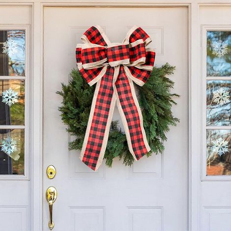 Große rot-schwarze Schleife im Büffelkaromuster, Weihnachtsschmuck für Kranz und Weihnachtsbaum. Heimdekoration. (1/3)