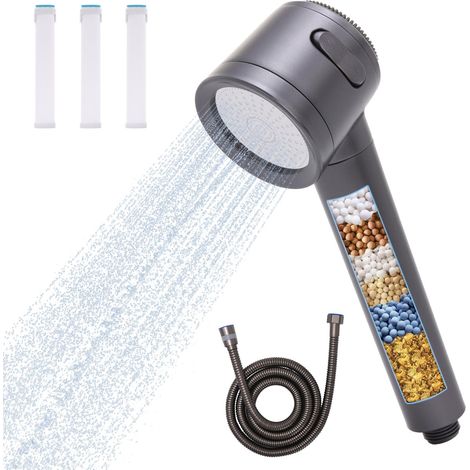 Pommeau de douche avec filtre à eau dure, 15 niveaux de filtration, haute pression et 3 modes de pulvérisation, économie d'eau avec tuyau de 1,5 m, élimine le chlore et les dépôts de calcaire (1/5)