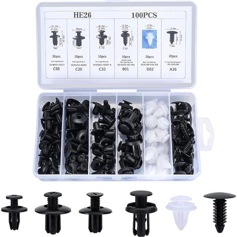 100 Pièces Clips Voiture Universel, 6 Taille Clips de Fixation Voiture Outils, Rivet Plastique, Agrafes Carrosserie pour Pare-Chocs Porte de Voiture Fender Push Kit de Remplacement (1/5)