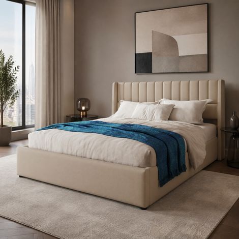 Letto contenitore matrimoniale 140x200 cm, con sollevamento idraulico e rete a doghe, in lino beige, senza materasso (1/5)