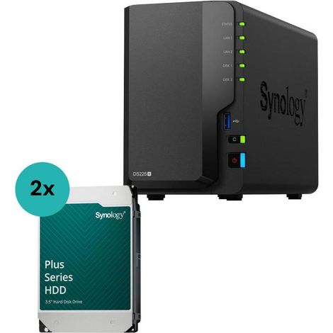 Carcasa vacía para servidor NAS Synology DiskStation DS225+ de 2 bahías (DS225+) + 2 discos duros Synology Plus SATA de 3,5&quot