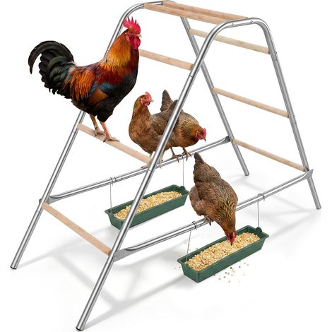Aire de Jeu pour Poulailler, Perchoir Poule en Bois Massif, 142,5 cm Balançoire avec 2 Mangeoires, Enclos Poule à 4 Niveaux, Échelle de Séjour pour Poulet et Canard (1/5)