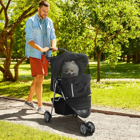 Poussette pliable pour chien, avec roues freinées, porte-gobelet, panier de rangement et coussin amovible et lavable, pour animaux jusqu'à 10 kg, noire (1/5)