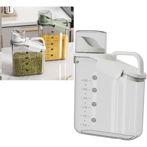 Boîte de conservation hermétique pour céréales de 2000 ml avec verre doseur, grand pot à riz transparent portable pour la cuisine, blanc (1/5)
