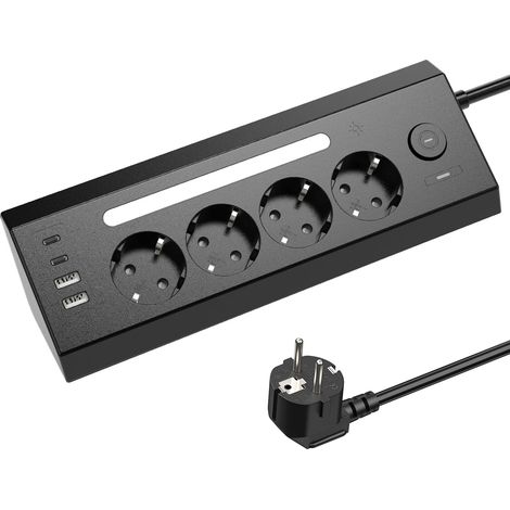 (Noir) Panneau de prises standard européen 8 en 1 avec 2 ports USB, 2 ports Type-C et un interrupteur de commande principal. (1/5)