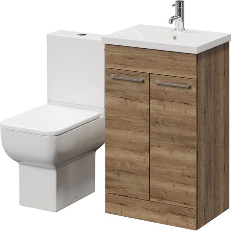 Alessio Tobacco Oak 500mm Vanity Unit and Toilet Suite including Open Back Toilet and Floor Standing Vanity Unit with 2 Doors and Chrome Handles (1/5)