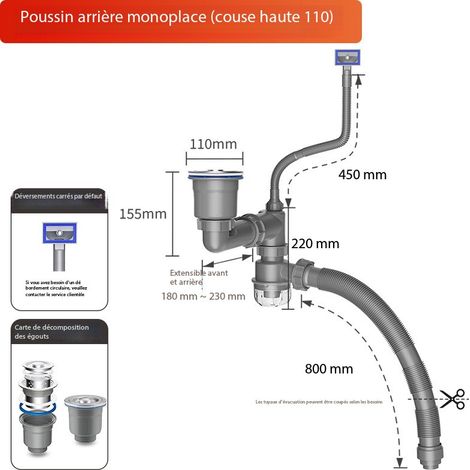 Kit de drainage de cuisine pour évier simple, tuyau de drainage flexible peu encombrant, filtre de drainage flexible en P avec kit d'assemblage de drain d'évier de cuisine de 3-1/2 pouces (1/4)